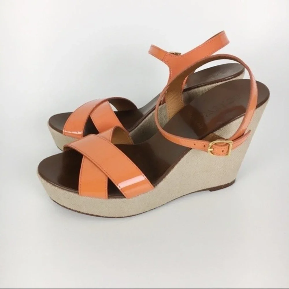 JCREW J CREW Size 7 Orange Patent Leather Strappy Wedges‎ Platform Heels Sandals